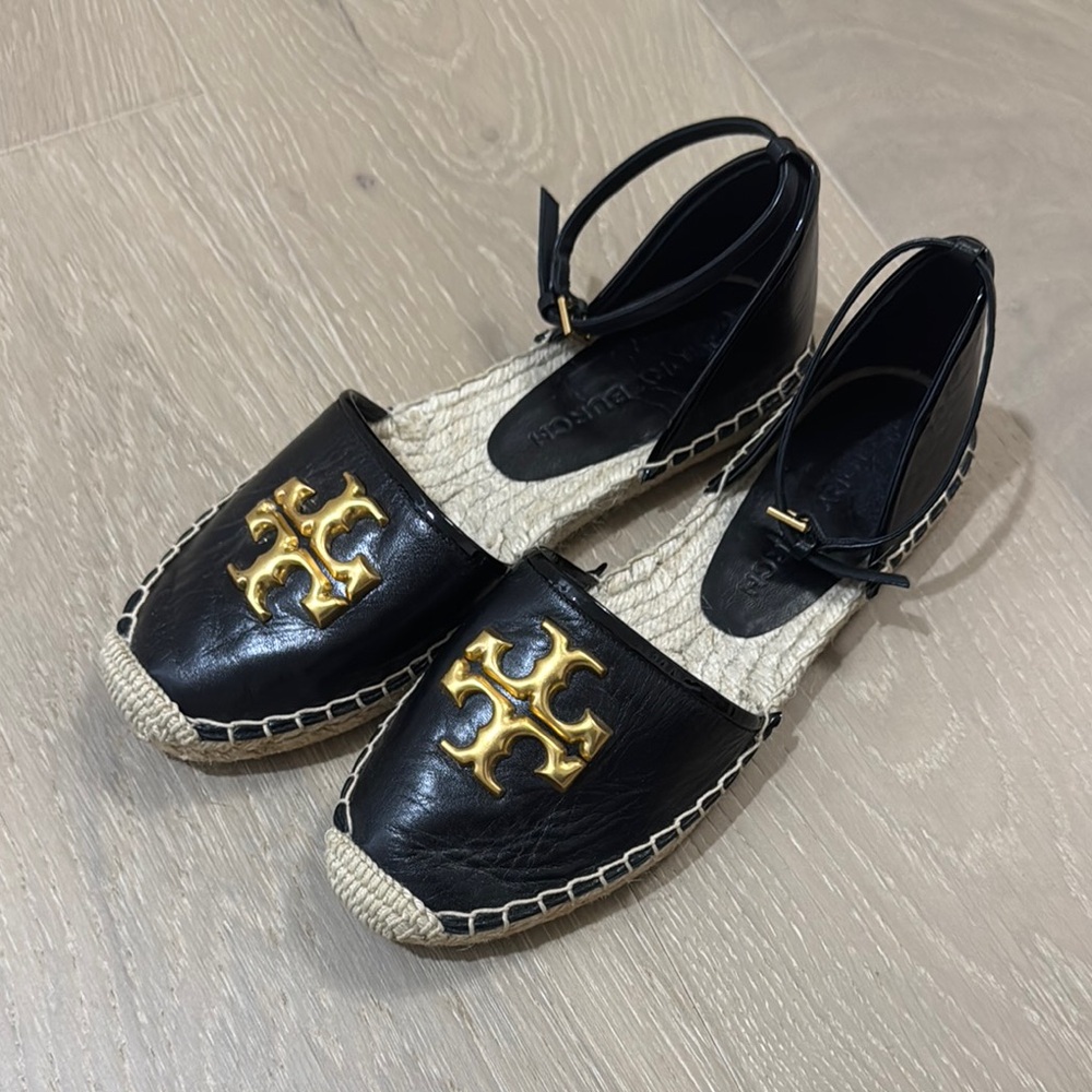 Tory Burch Black Espadrille Flats with Gold Logo